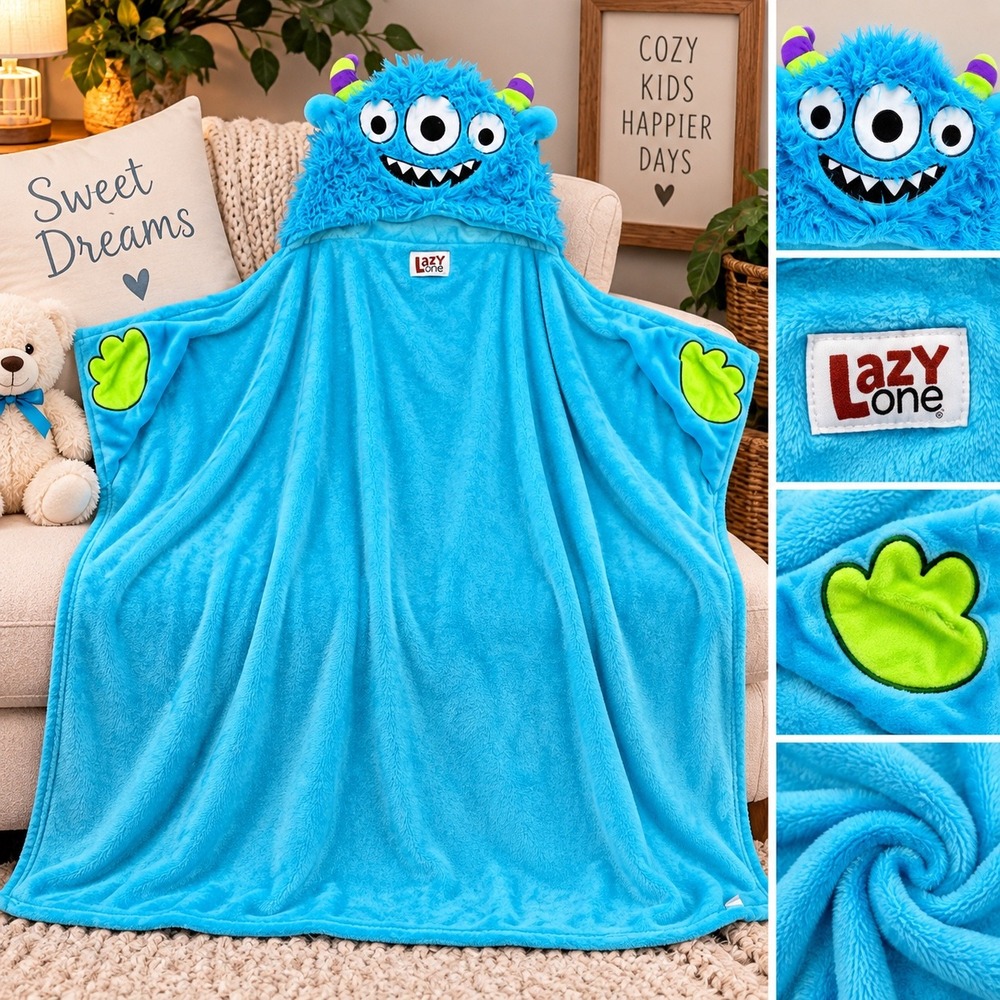 Lazy One Blue Monster Hooded Critter Blanket Three Eyed Wearable Fleece Throw